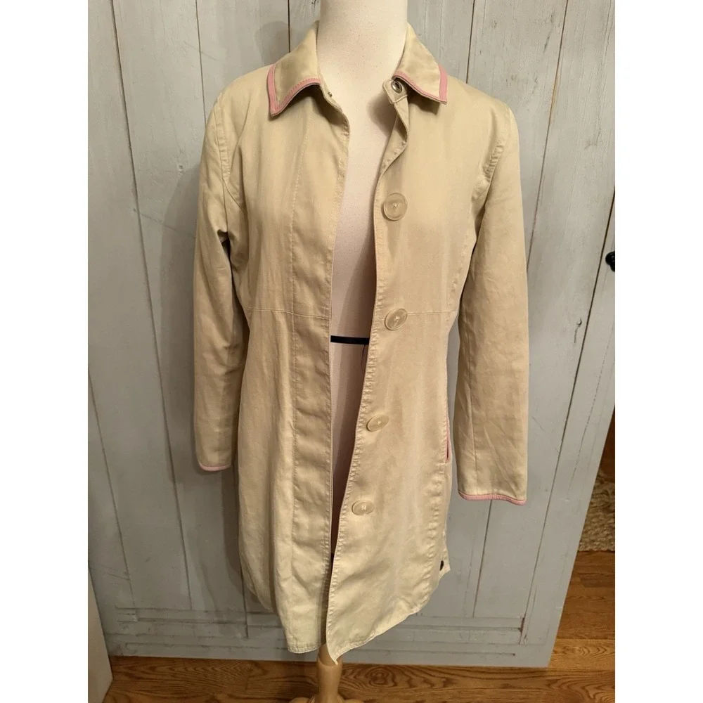 Coach Leatherware Rain Trench Coat Women's Size 4 Tan‎ & Pink Trim Cotton Lined